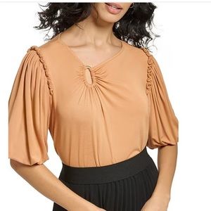 DKNY
Solid Asymmetrical Neck Short Puffed Sleeve Hardware Jersey Knit Top NWT